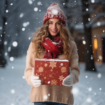 Christmas happy smiling young woman with gift box wearing a knitted hat standing outdoors, lights in bokeh
