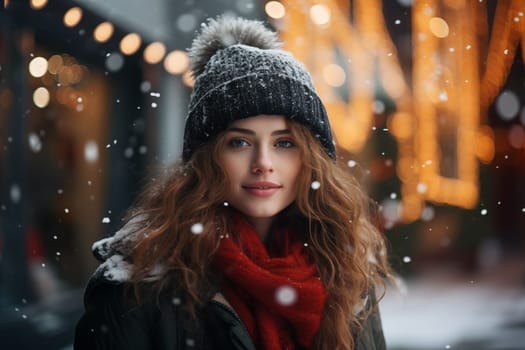 Portrait of beautiful stylish young woman with mittens in a knitted hat, city in winter.
