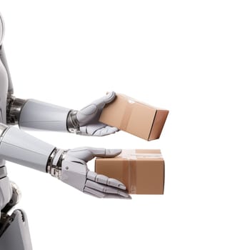 Robot's Hands Holding Cardboard Boxes on isolated background.