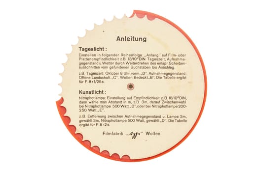 Germany, Potsdam – 22 Nov 2019. Agfa Din daylight and artificial light exposure table. Vintage light meter. Filmfabrik Wolfen. Clipping path.