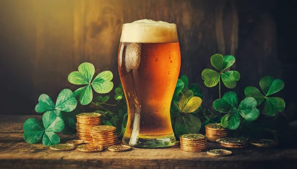 A pint of golden beer on an old wooden table among green clover leaves and gold coins. Happy St Patrick's day background, irish shamrock luck concept
