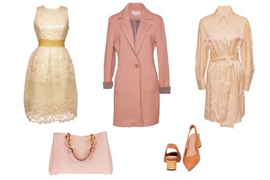 Collage woman clothes. Set of colorful stylish evening dresses with lace on mannequin, a coat, a handbag and shoes isolated. Fashion trends.
