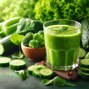 Fresh green smoothie surrounded by sliced cucumbers, broccoli and spinach leaves on a wooden surface. Delicious and healthy smoothie