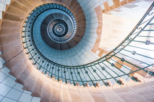 Plouguerneau, France - August 8 2017: View of high lighthouse blue staircase,  vierge island, brittany,france