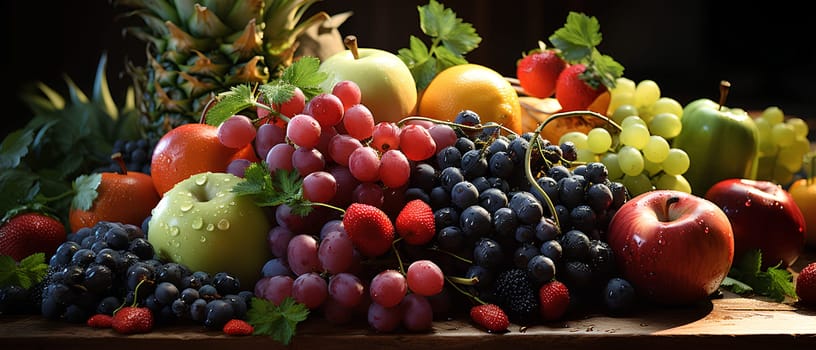 Various types of fruits and vegetables Fresh and colorful Spread across the entire picture Contains important nutrients for the body Suitable for use in making presentations about healthy food.