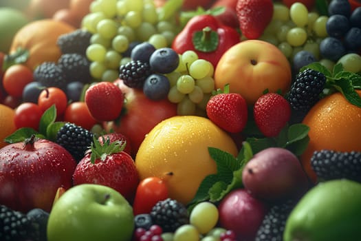 Various types of fruits and vegetables Fresh and colorful Spread across the entire picture Contains important nutrients for the body Suitable for use in making presentations about healthy food.