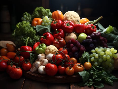 Various types of fruits and vegetables Fresh and colorful Spread across the entire picture Contains important nutrients for the body Suitable for use in making presentations about healthy food.