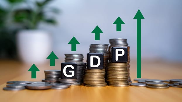 Gross domestic product, Financial, Management, Economic, Inflation, recession and Money concepts, GDP block with Coins stack and UP and Down arrow symbol icon.
