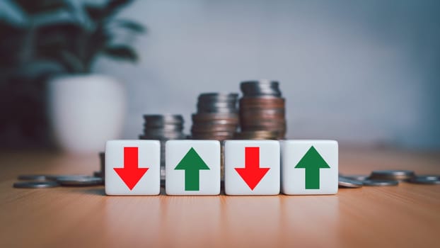 Gross domestic product, Financial, Management, Economic, Inflation, recession and Money concepts, GDP block with Coins stack and UP and Down arrow symbol icon.