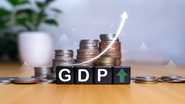 Gross domestic product, Financial, Management, Economic, Inflation, recession and Money concepts, GDP block with Coins stack and UP and Down arrow symbol icon.