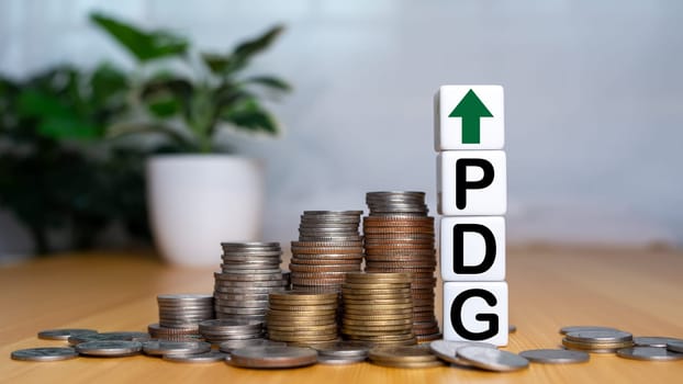 Gross domestic product, Financial, Management, Economic, Inflation, recession and Money concepts, GDP block with Coins stack and UP and Down arrow symbol icon.