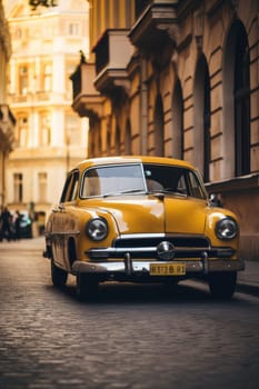 An old yellow car is parked on the side of a street, adding a vintage touch to the urban scene.