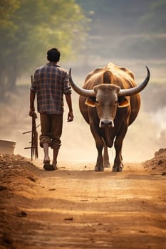 A man is seen leading a cow down a dirt road.