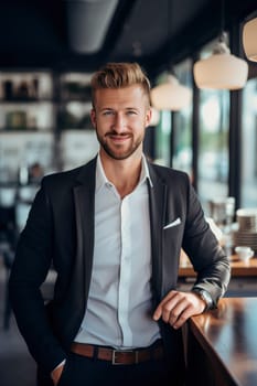 A well-dressed man stands at a bar in a suit, holding a drink and looking around the room.