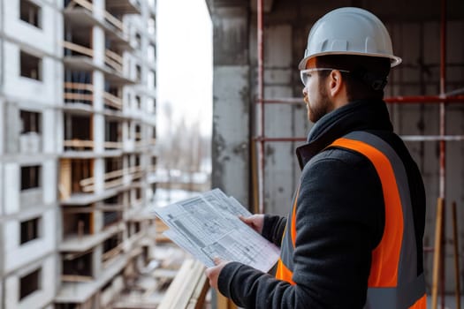 Architect holding construction plan on a building site
