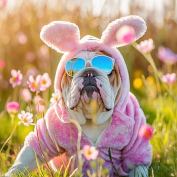 A funny image af a bulldog in a easter bunny costume