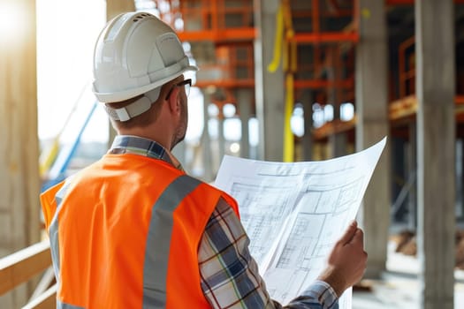 Architect holding construction plan on a building site