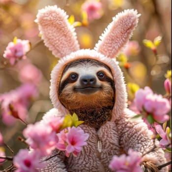 Funny image of a sloth in a funny easter bunny costume