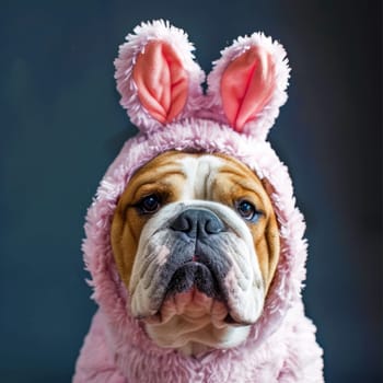 A funny image af a bulldog in a easter bunny costume