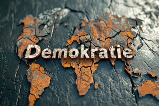 Symbol image of Eroded democracy. German text "Demokratie"" with cracked earth"