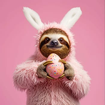 Funny image of a sloth in a funny easter bunny costume