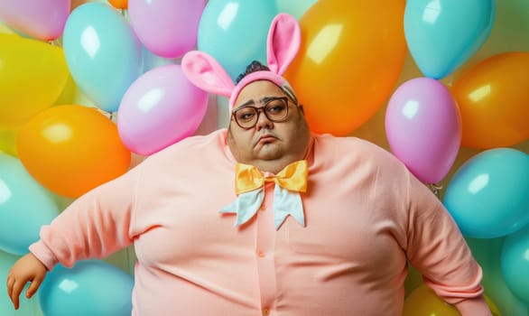 Portrait of a sad looking wearing a funny easter bunny costume, in background colorful balloons