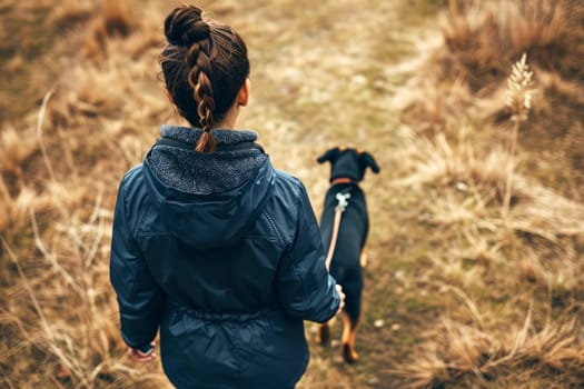Young woman in a blue rain jacket walking a dog in a forest