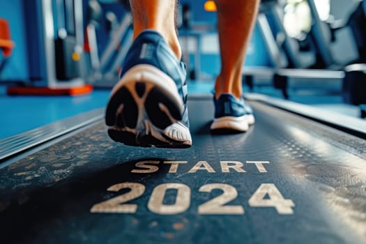 Person running on a treadmil in gym with text Start 2024