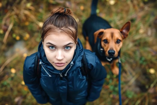 Young woman in a blue rain jacket walking a dog in a forest