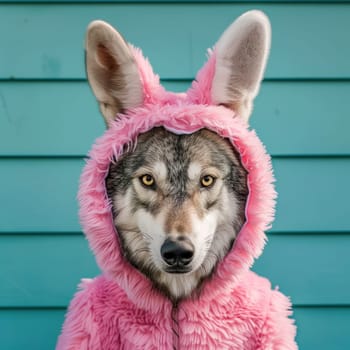 Funny image of wolf in a pink easter bunny costume