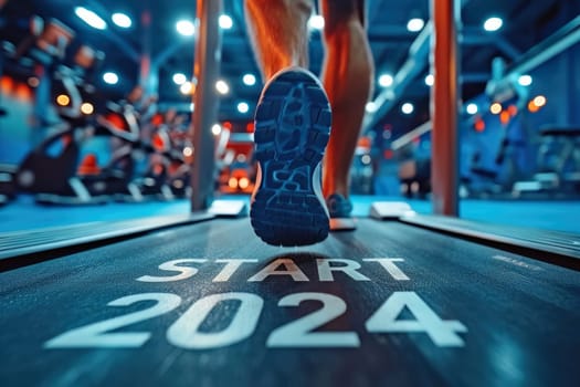 Person running on a treadmil in gym with text Start 2024