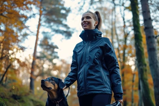 Young woman in a blue rain jacket walking a dog in a forest