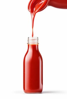 Pouring tasty red ketchup from bottle banner. Red tomato sauce fresh food. Generate Ai