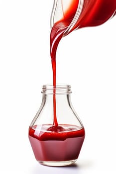 Pouring tasty red ketchup from bottle condiment banner. Organic sauce fresh product. Generate Ai