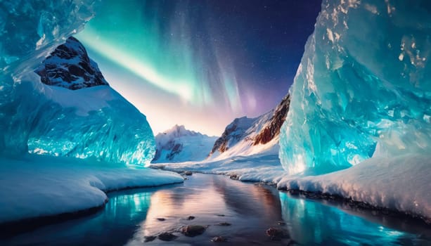 Glacial river flowing through the ice cliffs covered with snow underneath the wonderful northern lights