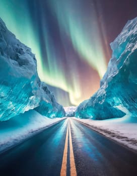 Straight asphalt road piercing a glacier land with huge ice crystal cliffs grown out of snow. Northern lights in the arctic sky