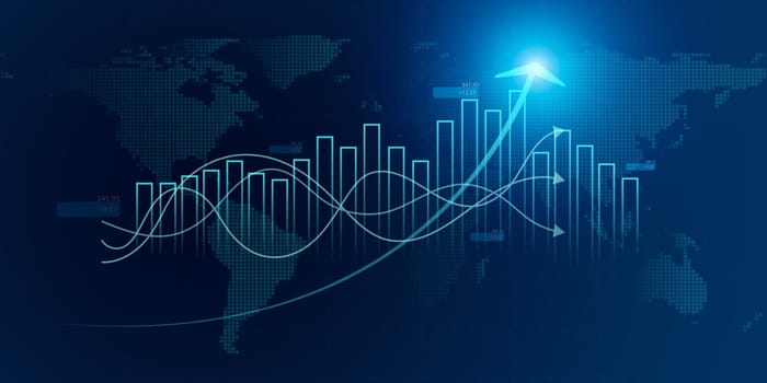 Business growth arrow up digital on blue dark background, investment graph technology circuit to success, financial data technology strategy, market chart profit money, abstract finance background