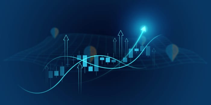 Business growth arrow up digital on blue dark background, investment graph technology circuit to success, financial data technology strategy, market chart profit money, abstract finance background