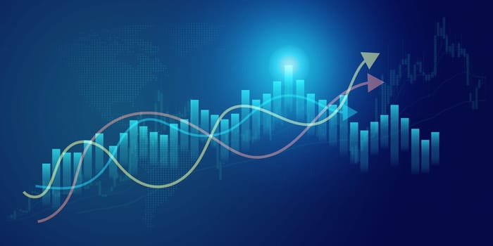 Business growth arrow up digital on blue dark background, investment graph technology circuit to success, financial data technology strategy, market chart profit money, abstract finance background