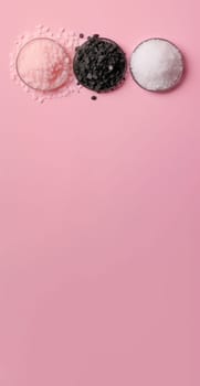 Colorful salts top view on pink background banner. Various organic salt in round bowls. Generate ai