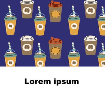coffee cups cartoon background with copy space. Vector illustration can used for kitchen textile, wrapping paper, cafe wallpaper, poster.