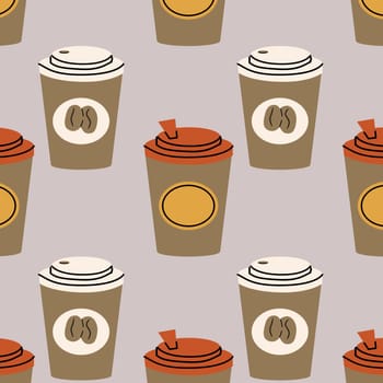 Coffee in paper cup seamless pattern. Vector illustration can used for kitchen textile, wrapping paper, cafe wallpaper, poster.