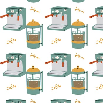 Seamless pattern with coffee pots and machine in cartoon style. Coffee machine and geyser coffee maker. Can used for kitchen textile, wrapping paper, poster.