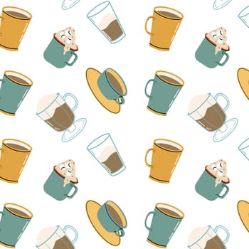 Coffee cups in various shapes seamless pattern. Vector illustration can used for kitchen textile, wrapping paper, cafe wallpaper, poster.