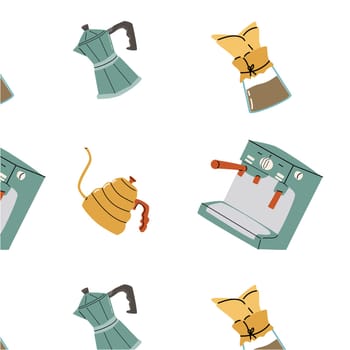 Seamless pattern with coffee pots and machine. Drip Coffee Brewing with filter seeping and kettle vector illustration. Can used for kitchen textile, wrapping paper, poster.