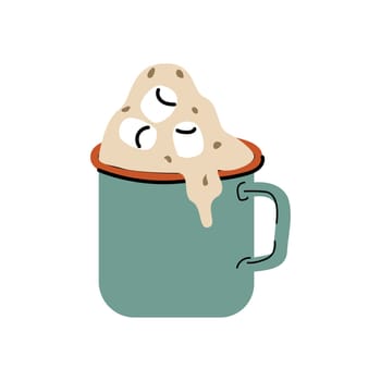 vintage cup with chocolate or cocoa or coffee with marshmallow. Vector illustration in hand drawn cartoon style.