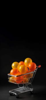 Supermarket cart yellow orange balloons banner. Mobile delivery grocery trolley golden. Generate Ai