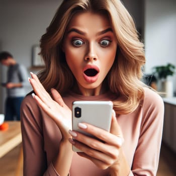 Surprised young woman holding a smartphone, reacting to unexpected news in a digital message
