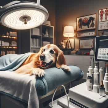 Old golden retriever on veterinary examination table, surrounded by medical equipment