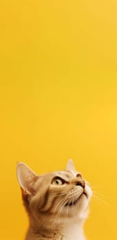 Cat looking up on yellow background banner. Cute fluffy animal kitten head. Generate ai